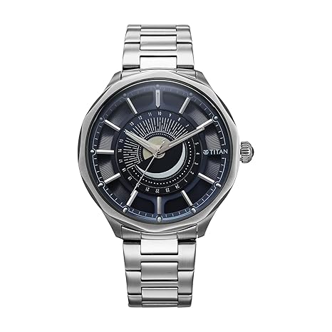 Titan Stellar Analog Men's Watch with Sun Moon Phase and Blue Dial and Silver Stainless Steel Strap,1002SM01


