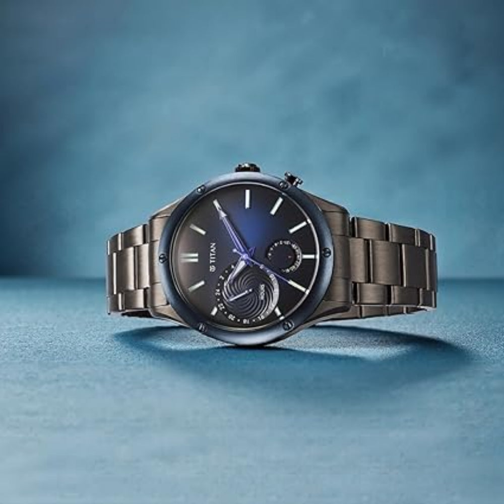 Titan Stellar Men's Multifunction Watch Analog Blue Dial With Grey Stainless Steel Band, 10009KM01