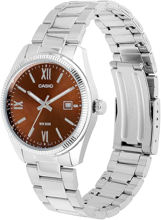 Casio Men's Watch Analog Maroon Dial With Silver Stainless Steel Band, MTP-1302DD-5AVDF