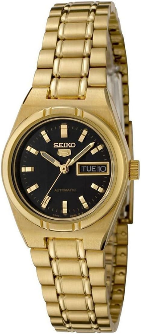 Seiko 5 Women's Automatic Watch Analog Black Dial with Gold Stainless Steel Band, SYM602K