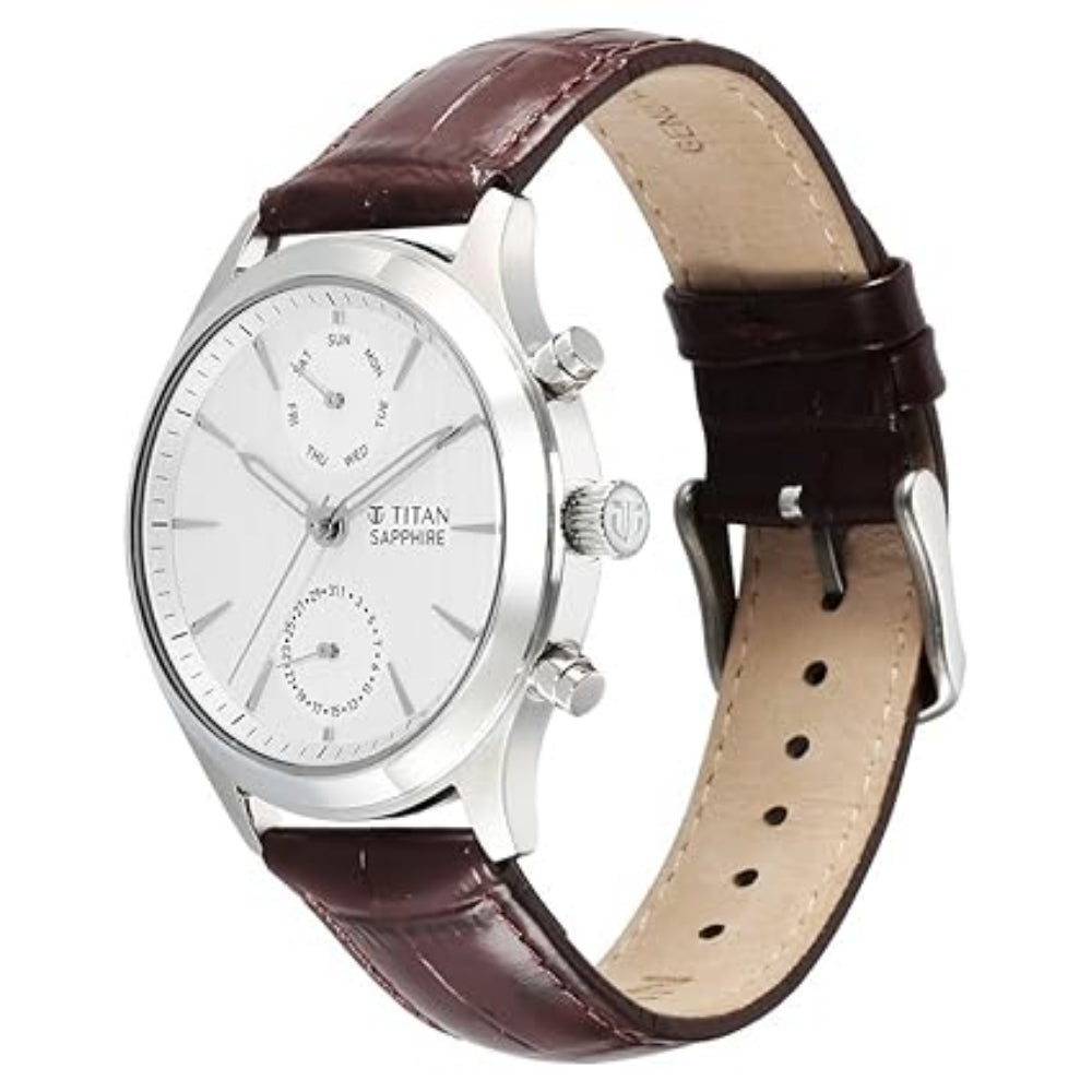 Titan Sapphire Men's Multifunction Watch Analog White Dial with Brown Leather Strap, 1874SL03