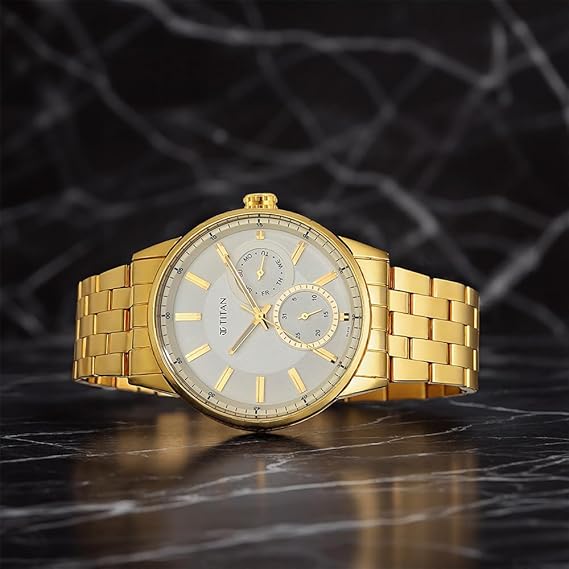 Titan Regalia Opulent Men's Watch Analog White Dial with Gold Stainless Steel Band, 9441YM02