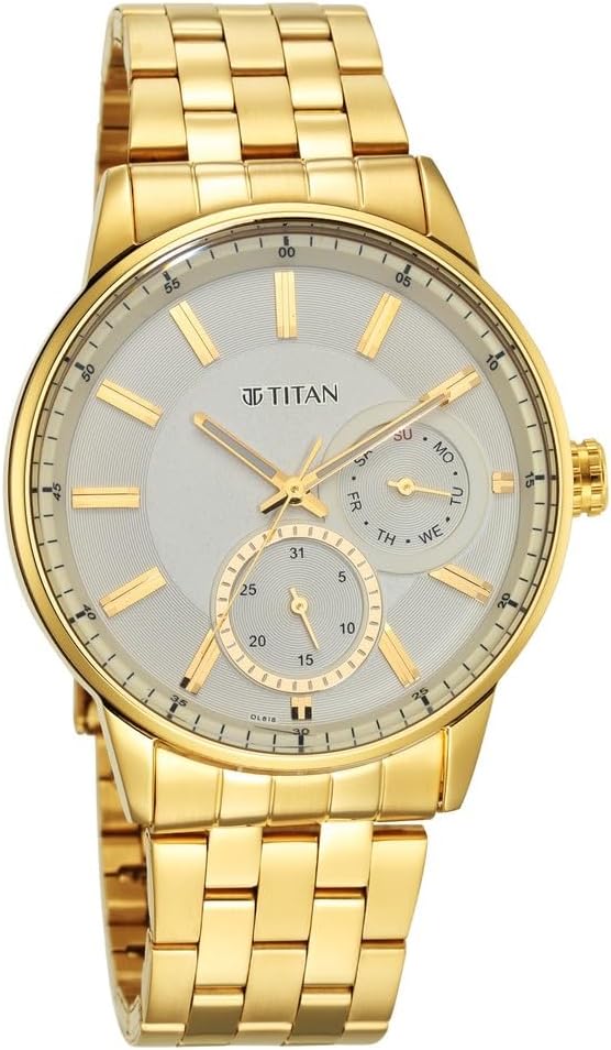 Titan Regalia Opulent Men's Watch Analog White Dial with Gold Stainless Steel Band, 9441YM02