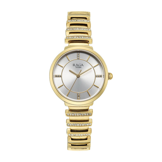 Titan Raga Spotlight Women's Quartz Analog Watch, Cream Dial, Gold Metal Strap, TI-95431YM01