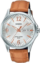 Casio,Men's Watch Analog, White Dial Brown Leather Band, MTP-E120LY-7AVD