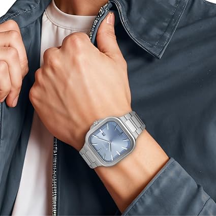 Titan Classique Slim Square Men's Watch Analog Blue Dial Silver Stainless Steel Band, 90176SM01