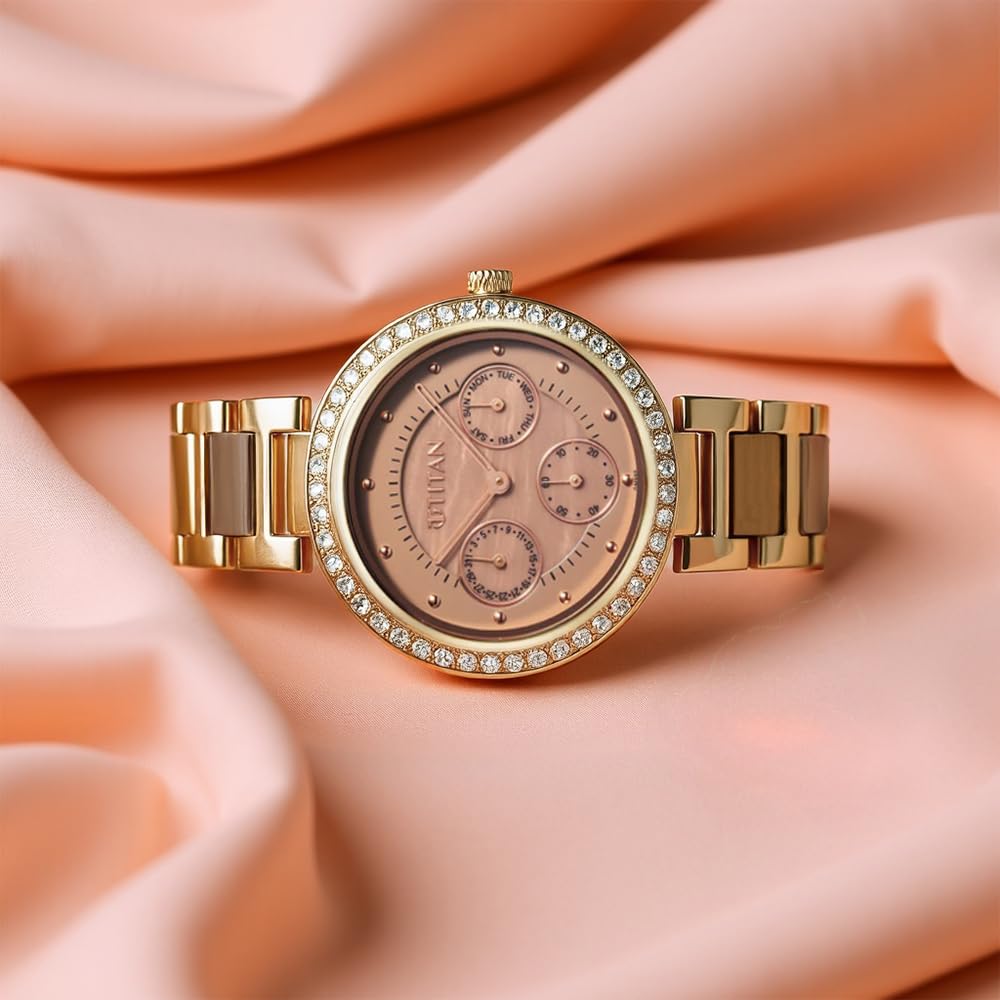 Titan Acetate Women's Multifunction Watch Analog Mother Of Pearl Dial with Two-Toned Band, 95187KD03