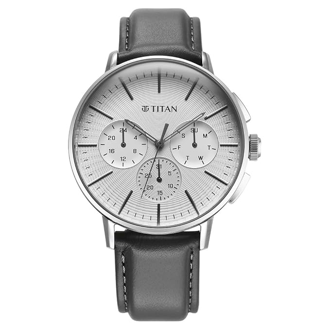 Titan Light Leathers Men's Multifunction Watch Silver Dial with Grey Leather Strap, 90200SL01