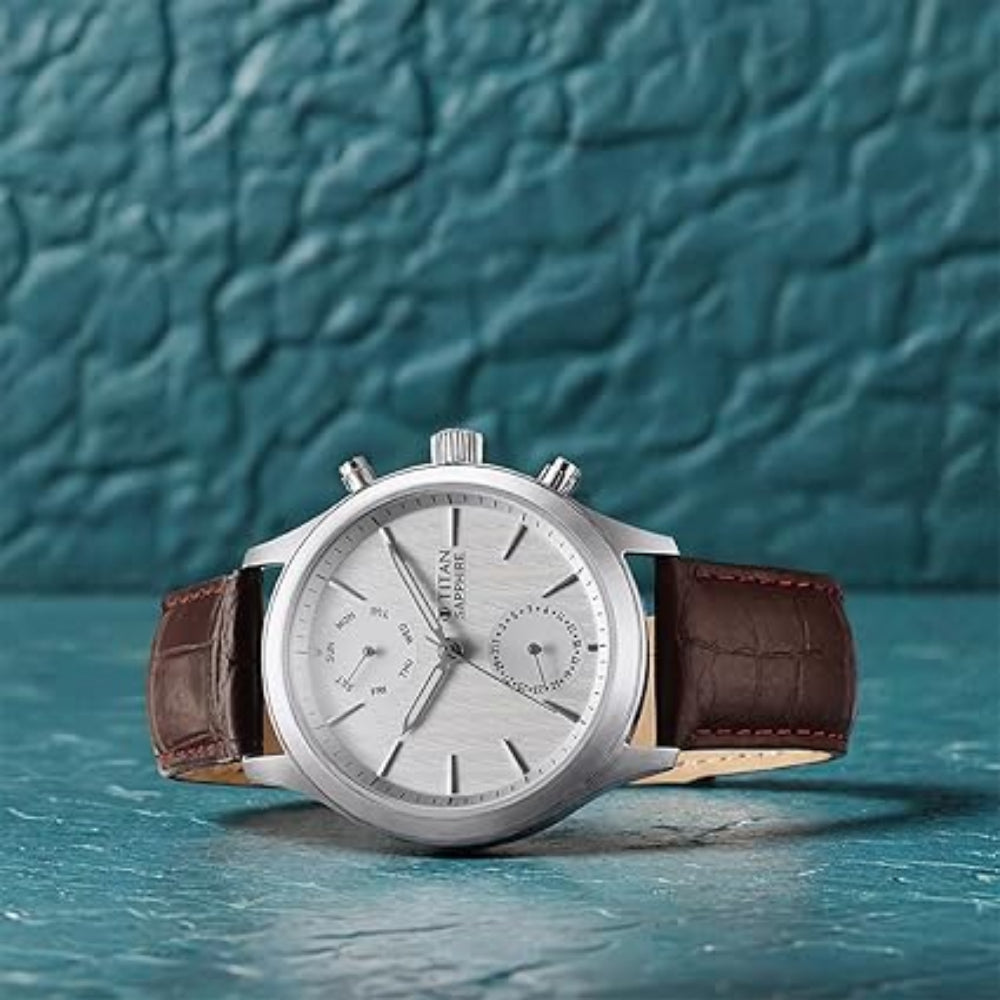 Titan Sapphire Men's Multifunction Watch Analog White Dial with Brown Leather Strap, 1874SL03