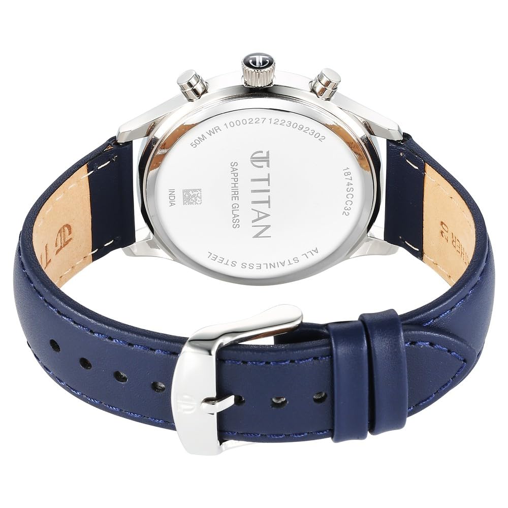 Titan Sapphire Men's Multifunction Watch Analog Silver Dial with Blue Leather Strap, 1874SL04