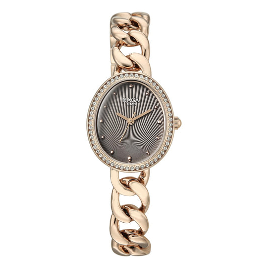 Titan Raga Spotlight Women's Quartz Analog Watch, Grey Dial, Gold Metal Strap, TI-95429WM01