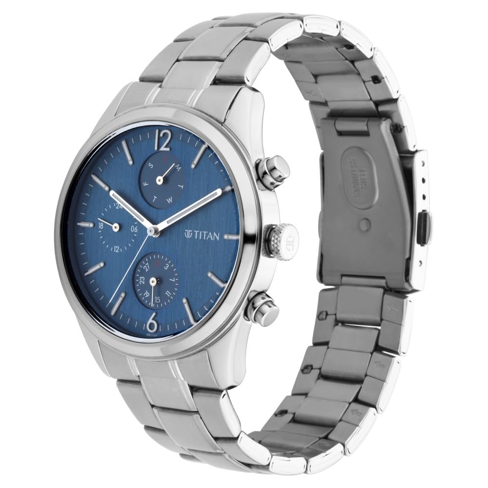 Titan Metropolitan Charm Men's Multifunctional Watch Blue Dial With Silver Stainless Steel  Band, 1805SM03