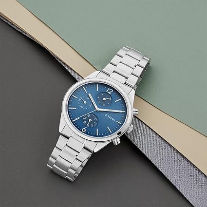 Titan Metropolitan Charm Men's Multifunctional Watch Blue Dial With Silver Stainless Steel  Band, 1805SM03