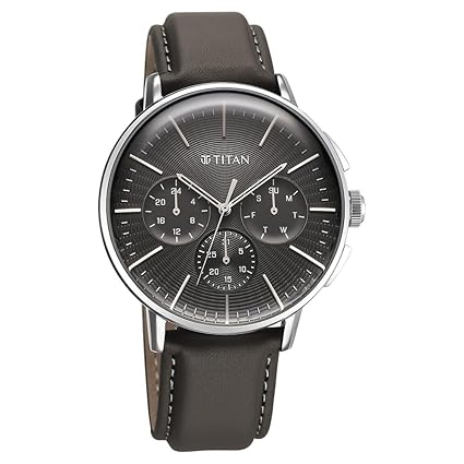Titan Light Leathers Men's Multifunction Watch Anthracite Dial with Grey Leather Strap, 90200SL02