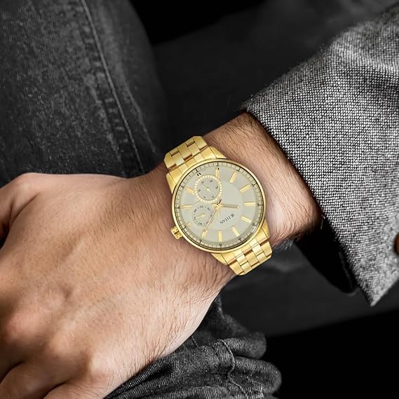 Titan Regalia Opulent Men's Watch Analog White Dial with Gold Stainless Steel Band, 9441YM02