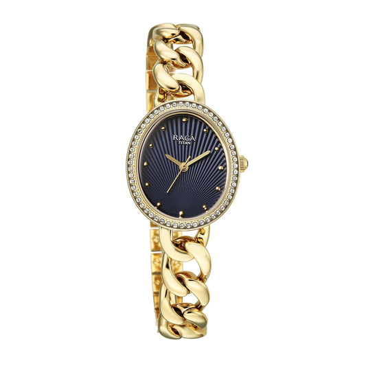 Titan Raga Spotlight Women's Quartz Analog Watch, Blue11 Dial, Gold Metal Strap, TI-95429YM01
