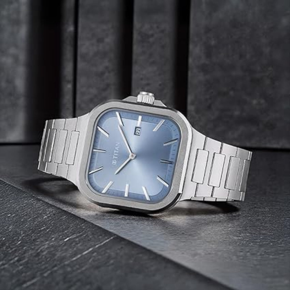 Titan Classique Slim Square Men's Watch Analog Blue Dial Silver Stainless Steel Band, 90176SM01