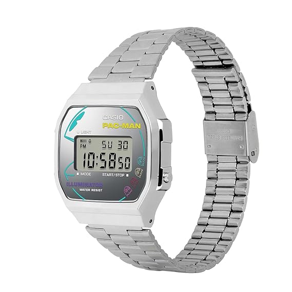 Casio Vintage Pac-Man Collection Unisex Watch with Silver Stainless Steel Band, A168WEPC-7ADR