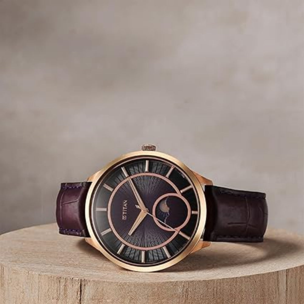 Titan Caelum Sun Moon Sub-Dial in Imperial Purple - Stellar Edition Men's Watch with Purple Leather Strap, 10028WL01