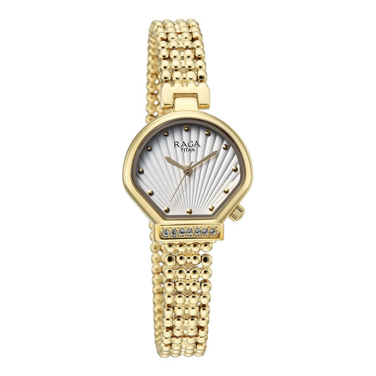 Titan Raga Spotlight Women's Quartz Analog Watch, Cream Dial, Gold Stainless Steel Strap, TI-95432YM01