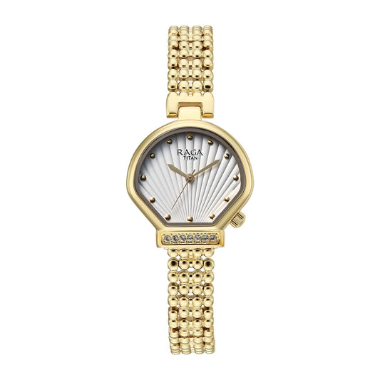 Titan Raga Spotlight Women's Quartz Analog Watch, Cream Dial, Gold Stainless Steel Strap, TI-95432YM01