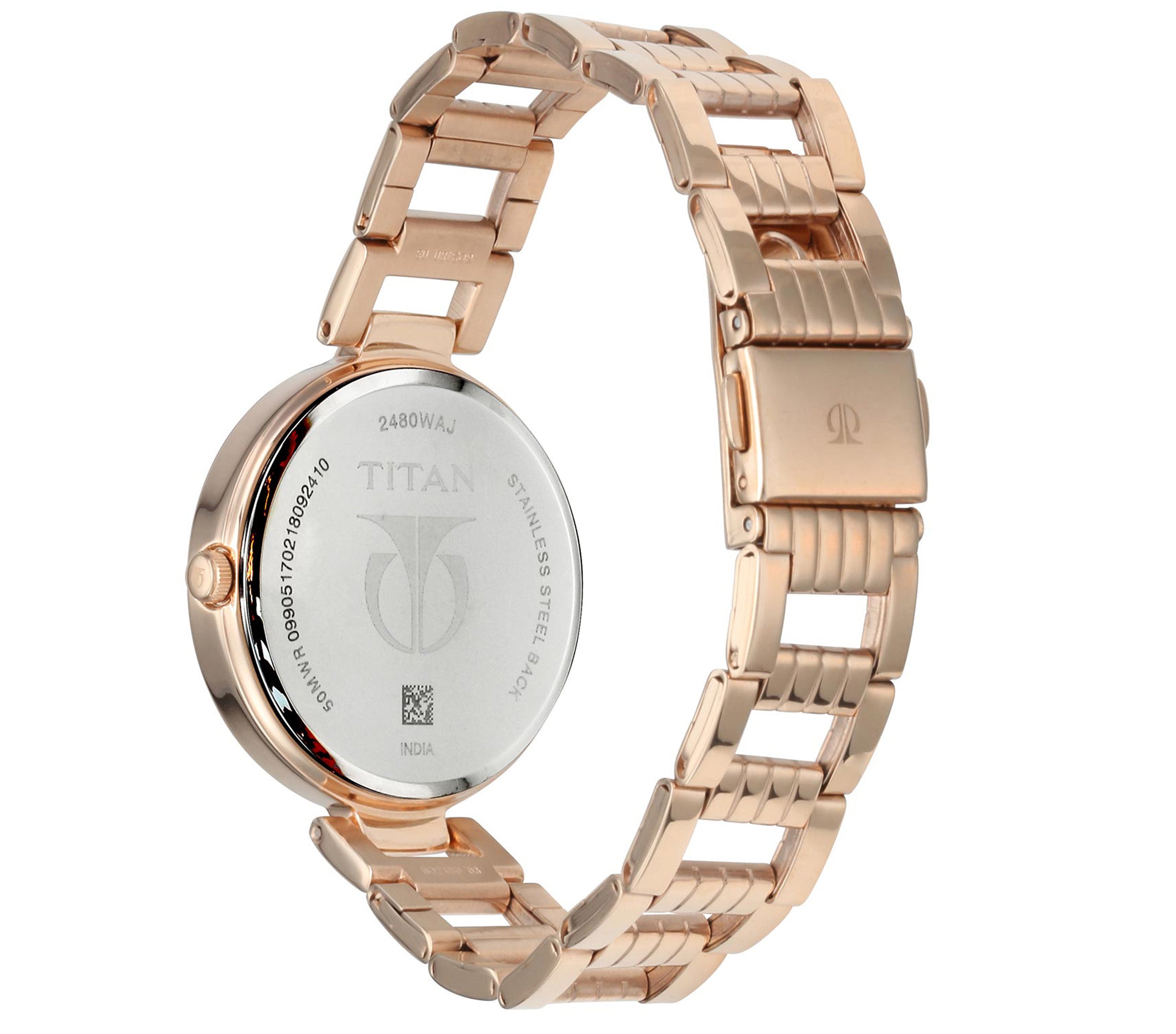 Titan Women's Watch Purple Dial Rose Gold Stainless Steel Strap Watch, 2480WM02