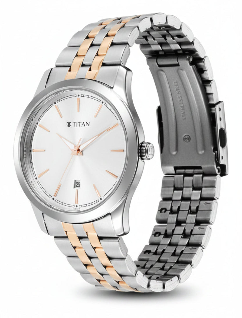 Titan Men's Watch Silver Dial Silver & Gold Stainless Steel Strap Watch, 1823KM02