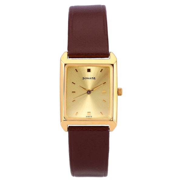 Sonata Women's Watch Analog Champagne Dial With Brown Leather Strap, 7007YL07