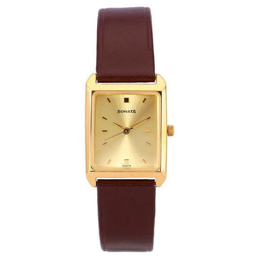 Sonata, Women, Analog, Watch, Champagne Dial, Leather Strap, 7007YL07