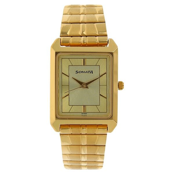 Sonata Men's Watch Analog Champagne Dial With Gold Stainless Steel Band, 7007YM13