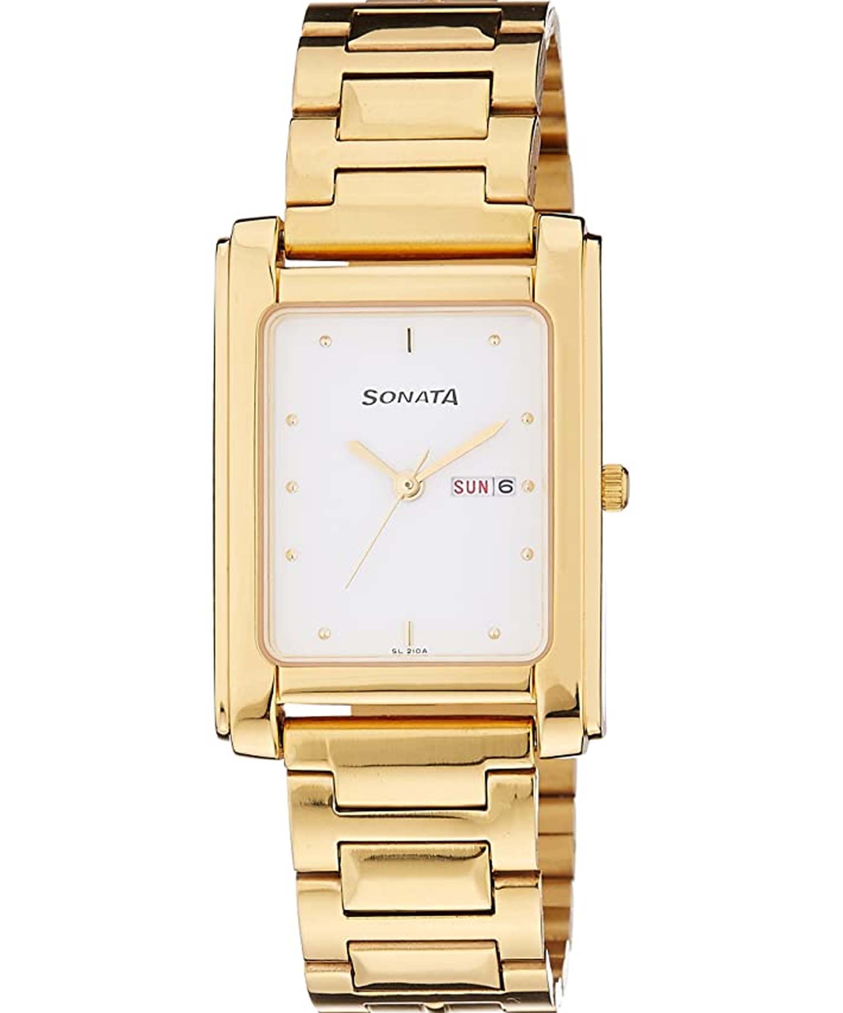 Sonata Men's Watch Analog White Dial With Gold Stainless Steel Band, 7034YM04