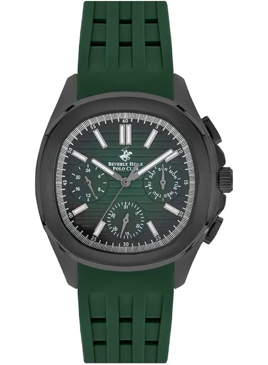Beverly Hills Polo Club Men's Multifunction Watch with Black Dial and Green Silicone Band, BP3211X.377