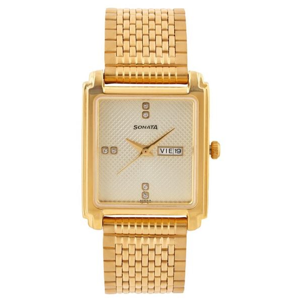 Sonata Men's Watch Analog Champagne Dial With Gold Stainless Steel Band, 7053YM07