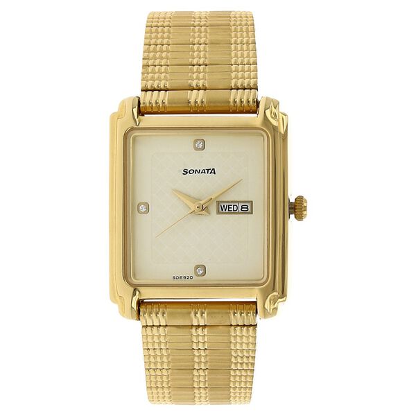 Sonata Men's Watch Analog Champagne Dial With Gold Stainless Steel Band, 7053YM08