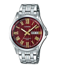 Casio,Men's Watch Analog, Red Dial Silver Stainless Steel  Band, MTP-E131DY-4AVD