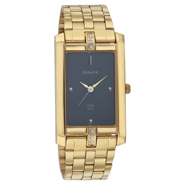 Sonata Men's Watch Analog Black Dial With Gold Stainless Steel Band, 7071YM03