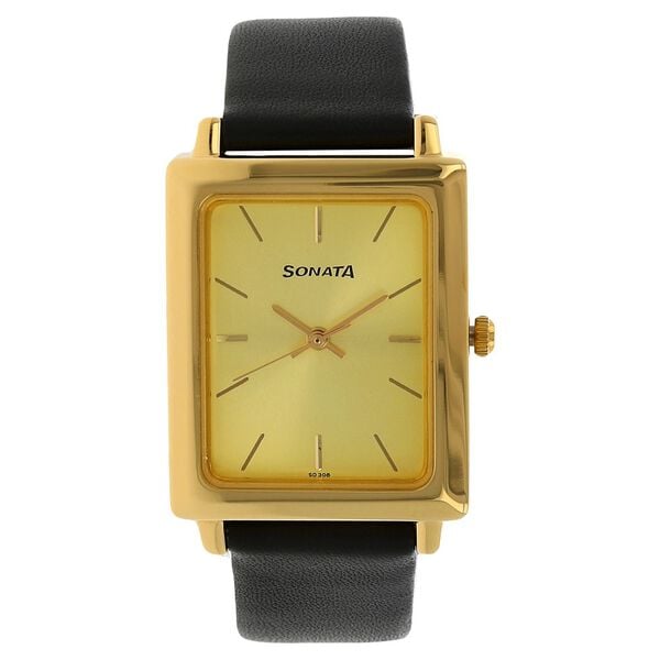 Sonata Men's Watch Analog Champagne Dial With Black Leather Strap, 7078YL02