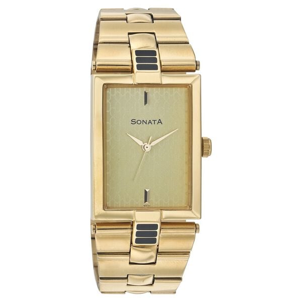 Sonata Men's Watch Analog Champagne Dial With Gold Stainless Steel Band, 7081YM02