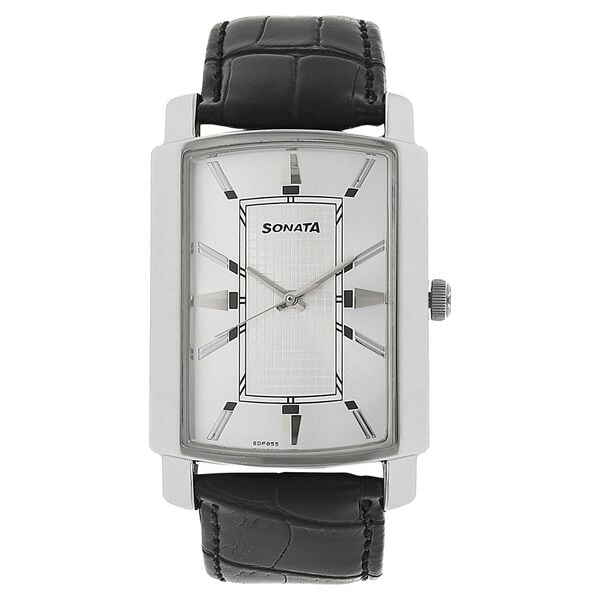 Sonata Men's Watch Analog Silver Dial With Black Leather Strap, 7092SL04