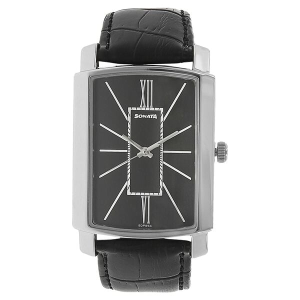 Sonata Men's Watch Analog Black Dial With Black Leather Strap, 7092SL05