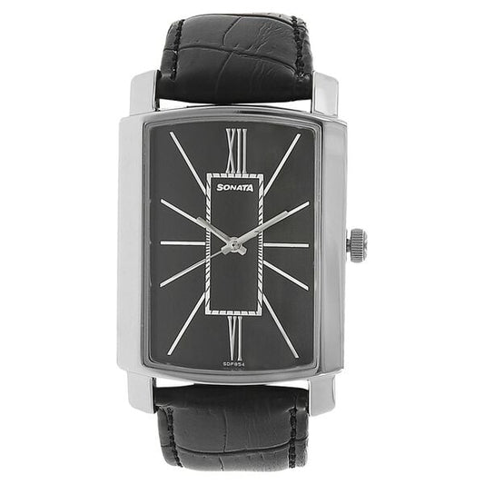 Sonata, Men, Analog, Watch, Black Dial, Leather Strap, 7092SL05