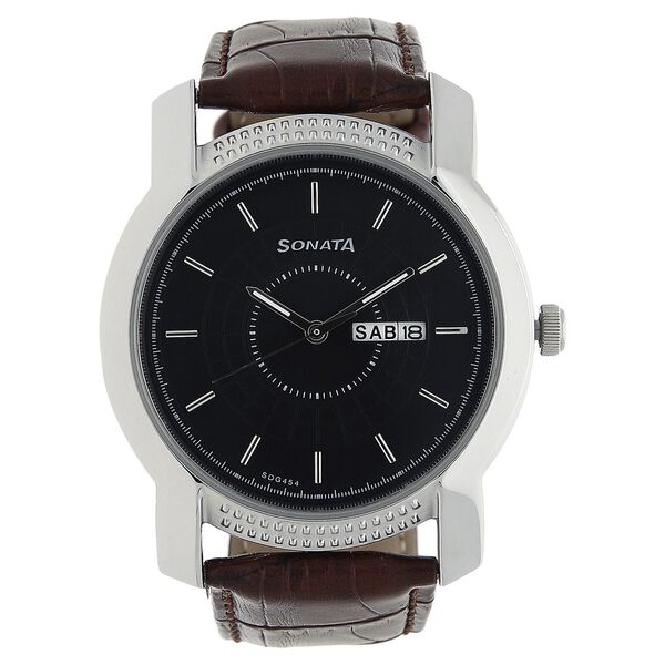 Sonata Men's Watch Analog Black Dial With Brown Leather Strap, 7093SL05