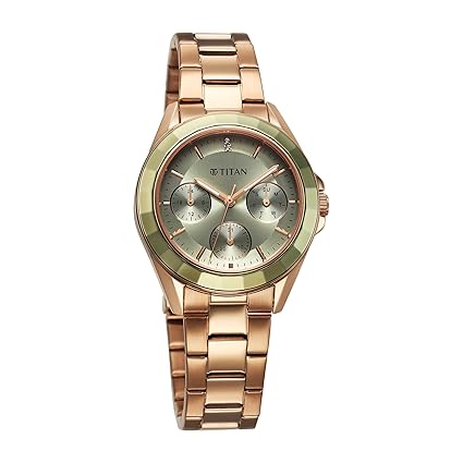 Titan Glamour Quartz Women's  Multifunction Green Dial Rose Gold Stainless Steel Strap Watch  95315KM03