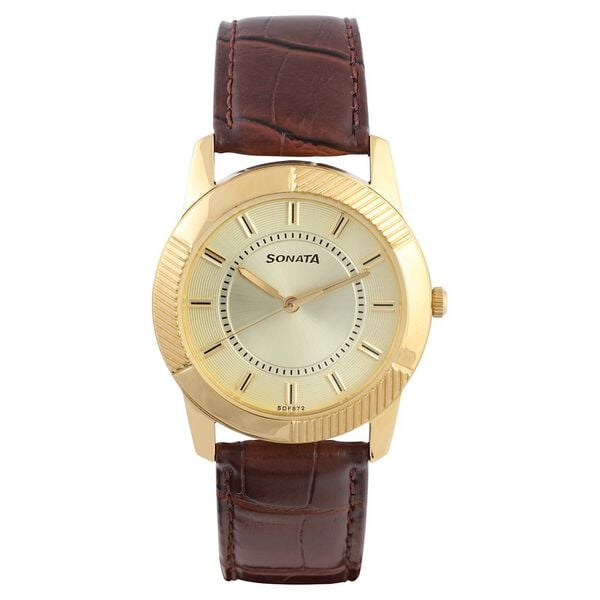 Sonata Men's Watch Analog Champagne Dial With Brown Leather Strap, 7105YL01