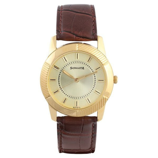 Sonata, Men, Analog, Watch, Champagne Dial, Leather Strap, 7100YL01