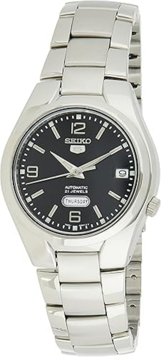 Seiko 21 Jewels Men's Automatic Watch Analog Black Dial with Silver Stainless Steel Band, SNK623K authentic Seiko watch with original box and warranty papers
