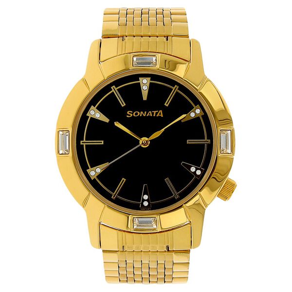 Sonata Men's Watch Analog Black Dial With Gold Stainless Steel Band, 7116YM01