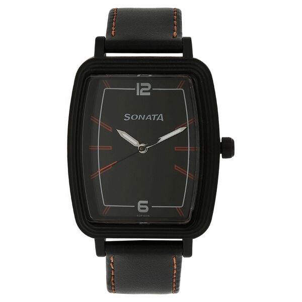 Sonata Men's Watch Analog Black Dial With Black Leather Strap, 7120PL02