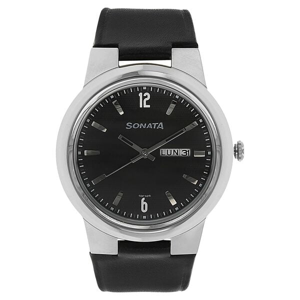 Sonata Men's Watch Analog Black Dial With Black Leather Strap, 7121SL02