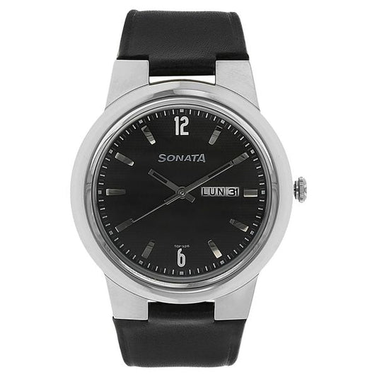 Sonata, Men, Analog, Watch, Black Dial, Leather Strap, 7121SL02